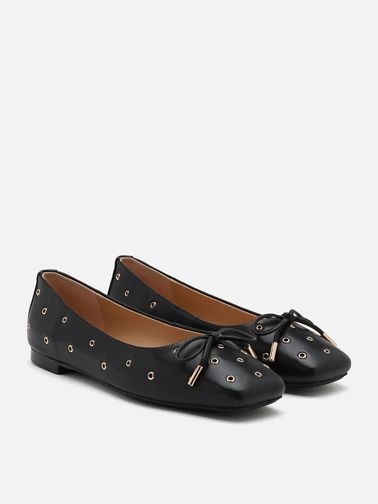 PAZZION, Olympia Eyelet and Bow Square Toe Flats, Black