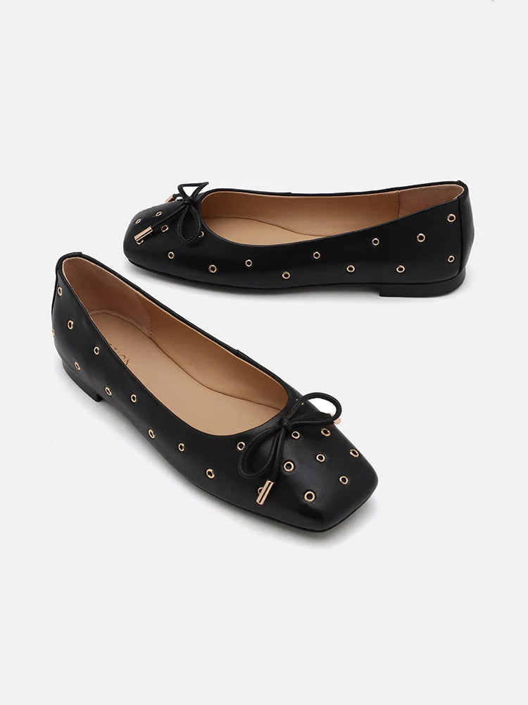 PAZZION, Olympia Eyelet and Bow Square Toe Flats, Black