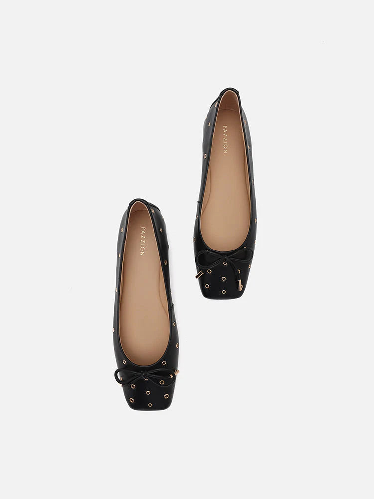 PAZZION, Olympia Eyelet and Bow Square Toe Flats, Black