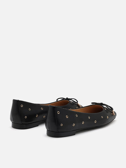 PAZZION, Olympia Eyelet and Bow Square Toe Flats, Black