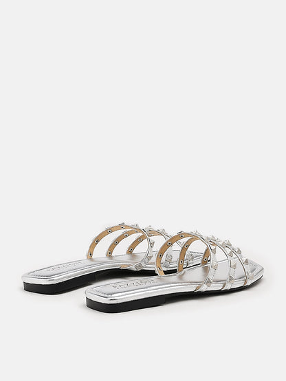 PAZZION, Ophi Metallic Studded Caged Slides, Silver