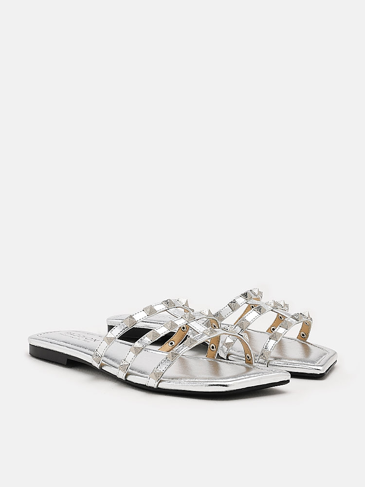 PAZZION, Ophi Metallic Studded Caged Slides, Silver