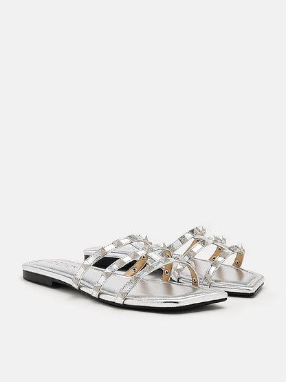 PAZZION, Ophi Metallic Studded Caged Slides, Silver