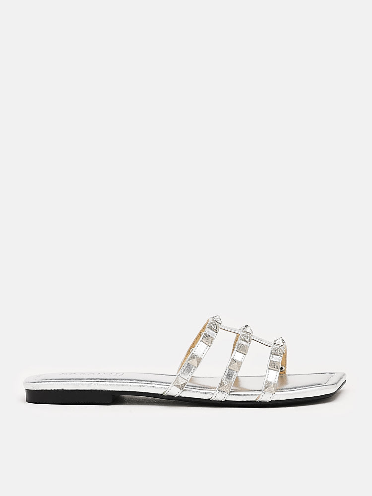 PAZZION, Ophi Metallic Studded Caged Slides, Silver