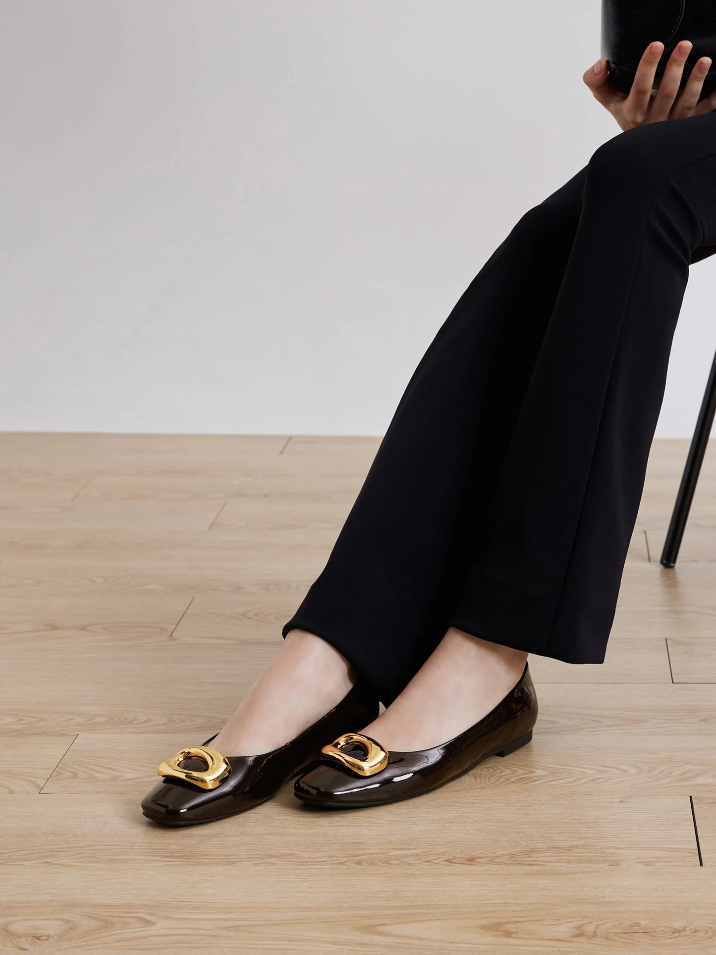 PAZZION, Oriella Gold Buckle Square-Toe Flats, Darkbrown