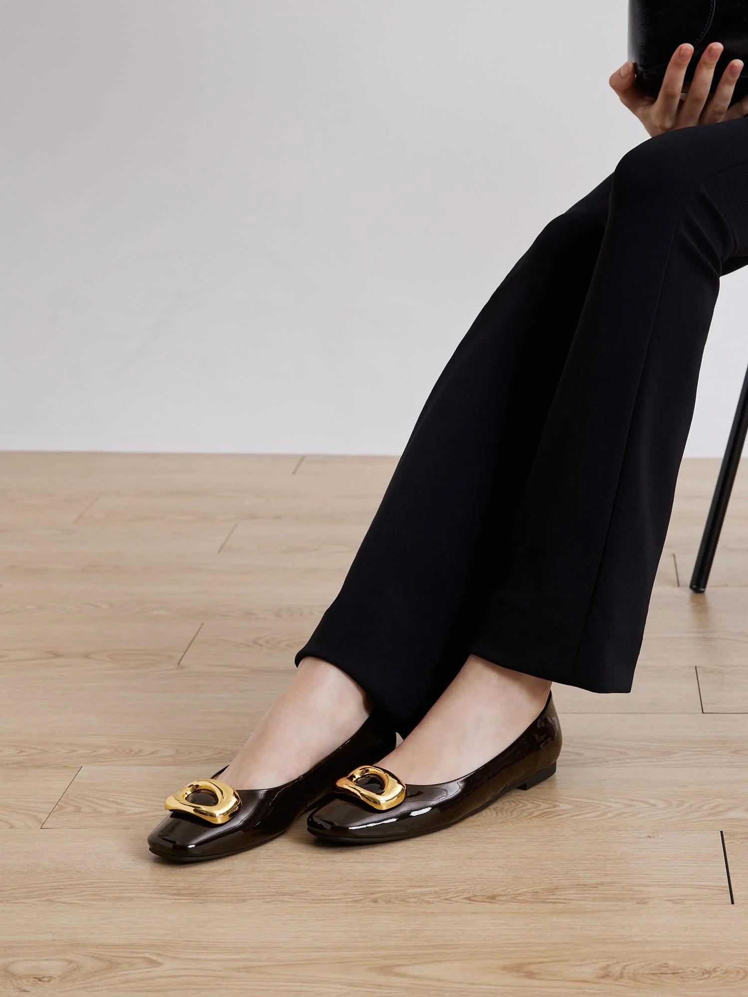PAZZION, Oriella Gold Buckle Square-Toe Flats, Darkbrown