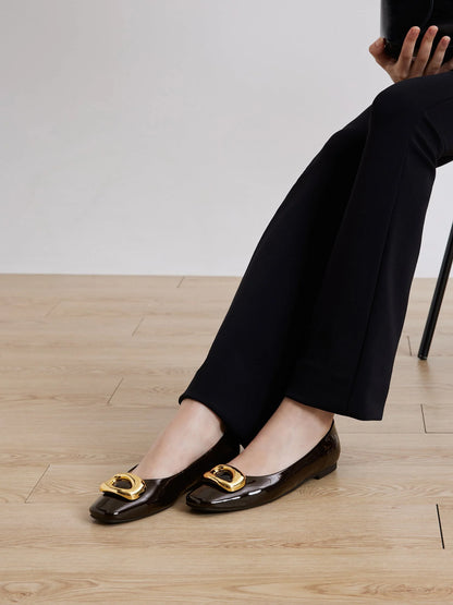 PAZZION, Oriella Gold Buckle Square-Toe Flats, Darkbrown