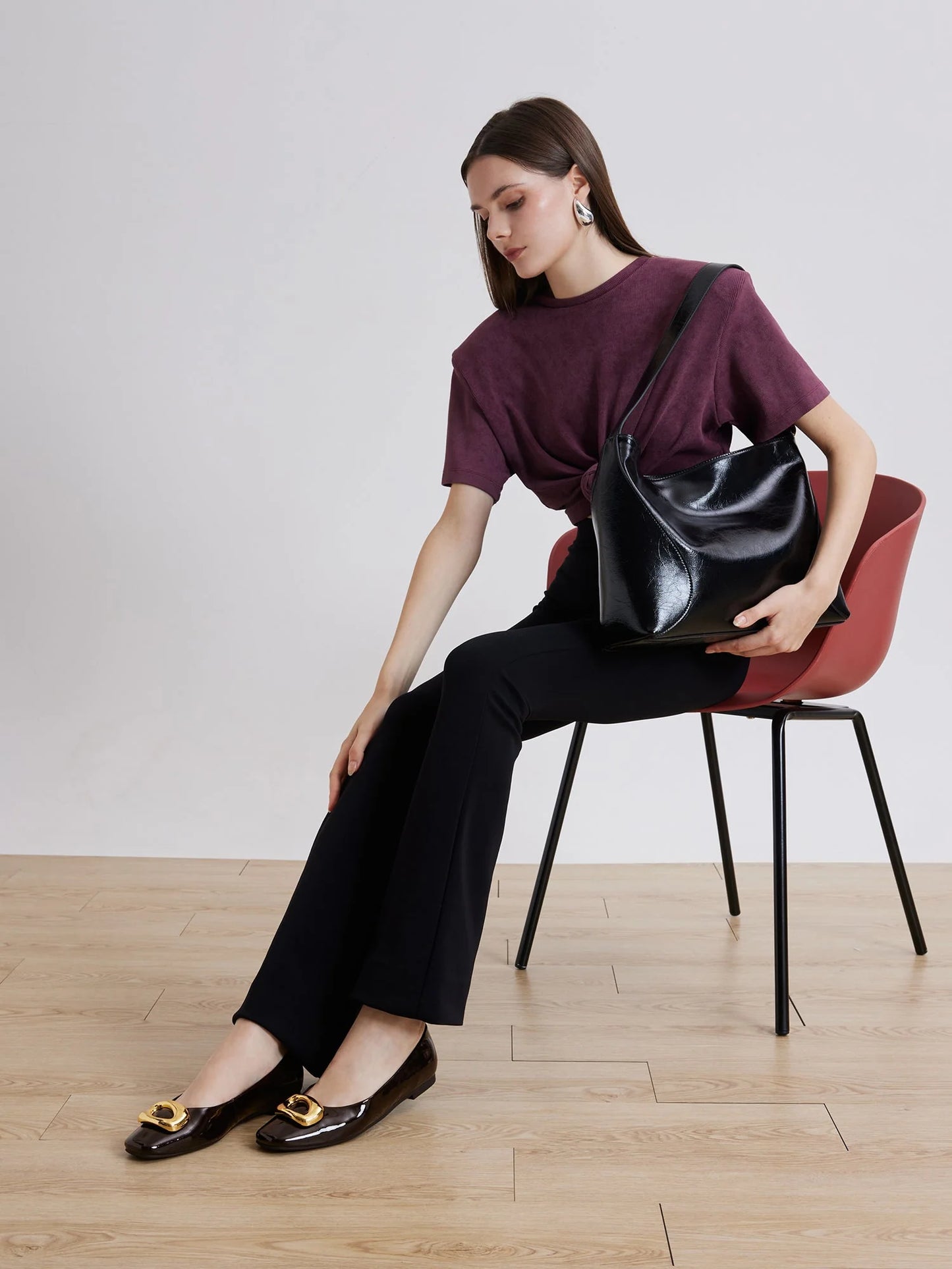 PAZZION, Oriella Gold Buckle Square-Toe Flats, Darkbrown