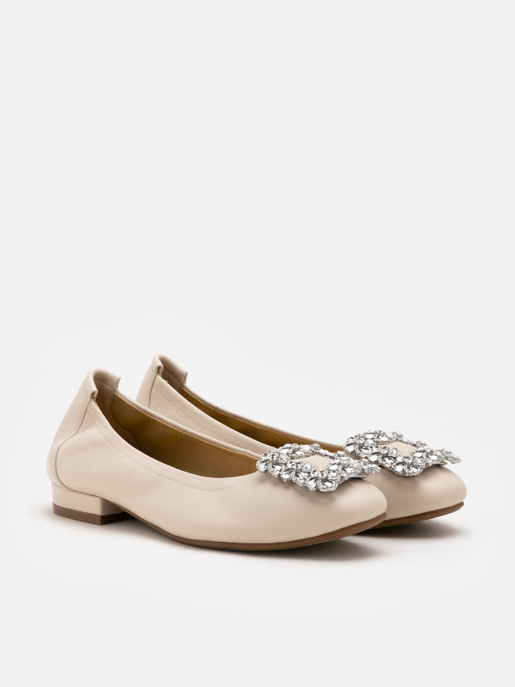 PAZZION, Oriole Embellished Buckle Ballet Flats, Beige