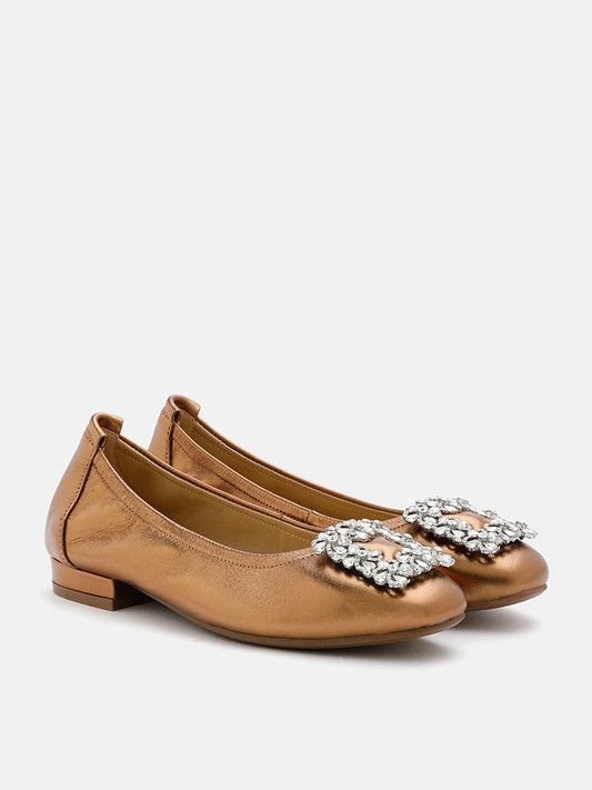 PAZZION, Oriole Embellished Buckle Ballet Flats, Bronze