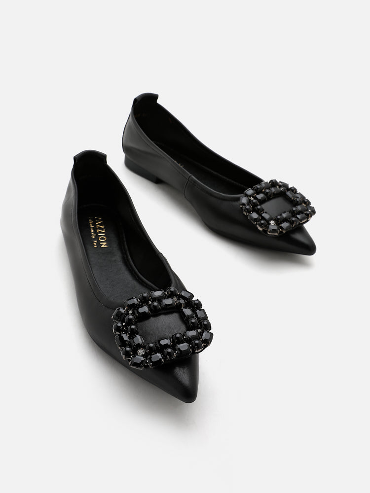 PAZZION, Pearly Diamante Pointed Flats, Black