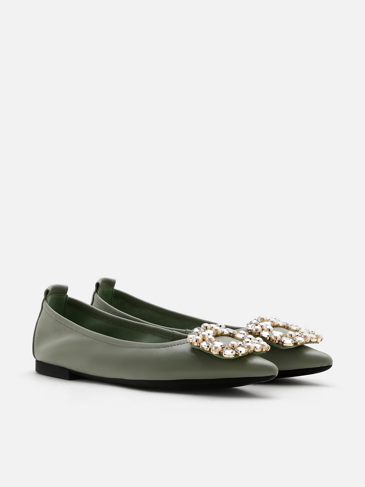 PAZZION, Pearly Diamante Pointed Flats, Green