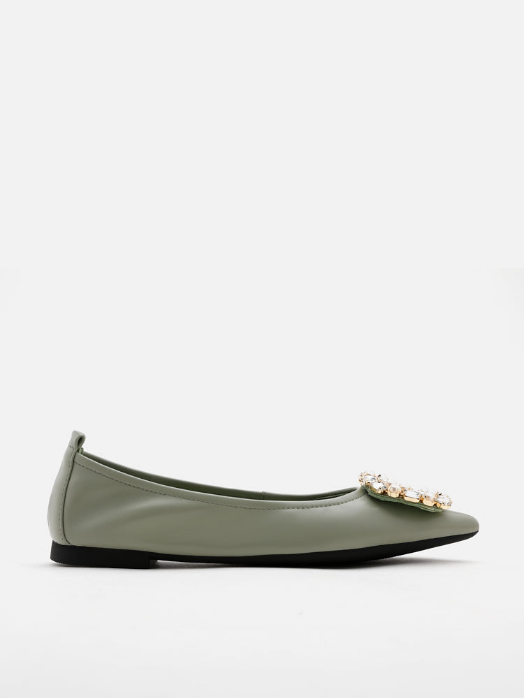 PAZZION, Pearly Diamante Pointed Flats, Green