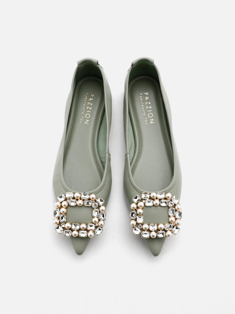 PAZZION, Pearly Diamante Pointed Flats, Green