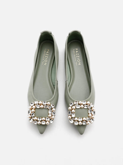 PAZZION, Pearly Diamante Pointed Flats, Green