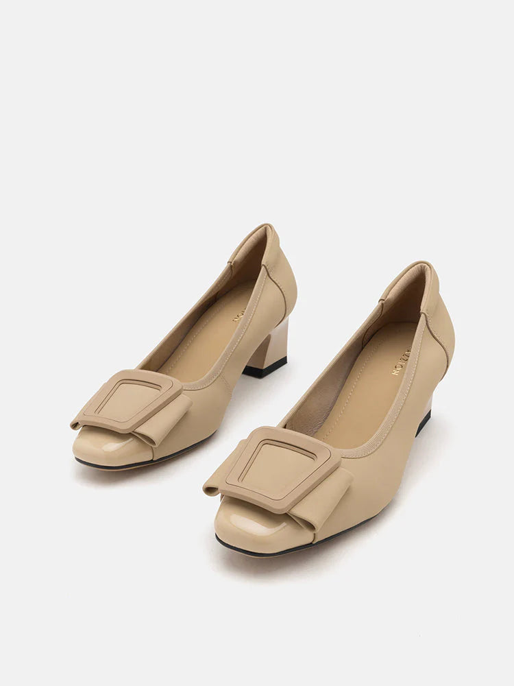 PAZZION, Penelope Elegant Buckle Block Heels, Almond