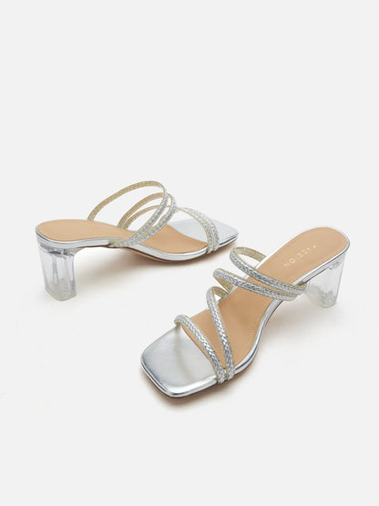PAZZION, Phillis Braided Strap Sandal Heels, Silver