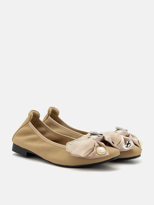 PAZZION, Phoebe Embellished Double Bowknot Flats, Almond