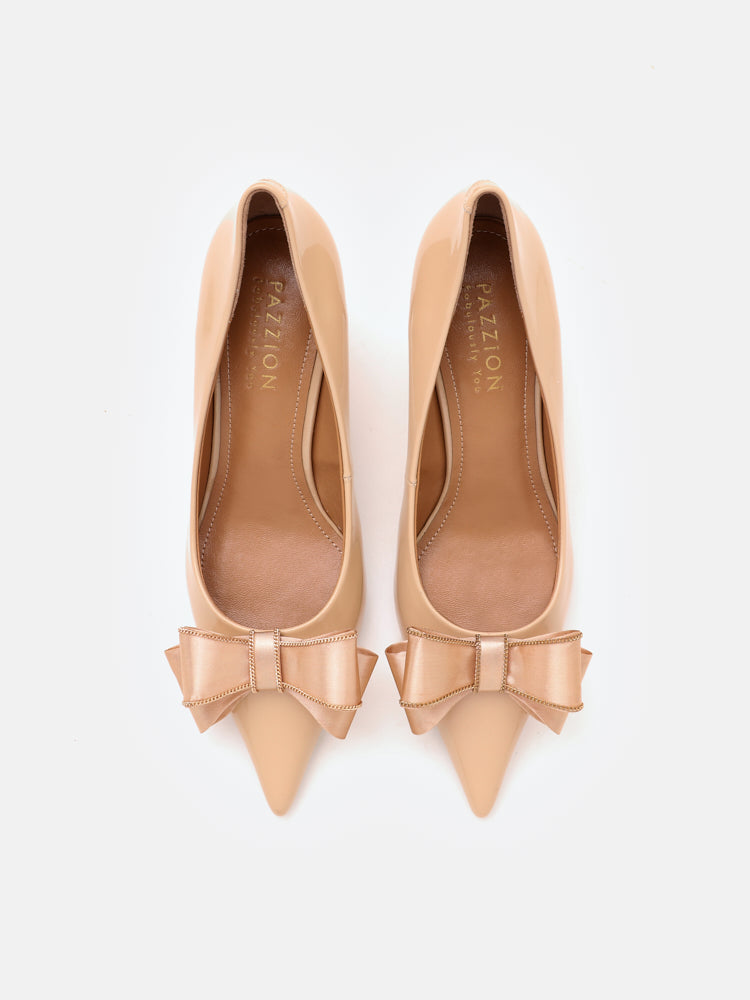 PAZZION, Pointed Gold Trimmed Bow Heels, Almond