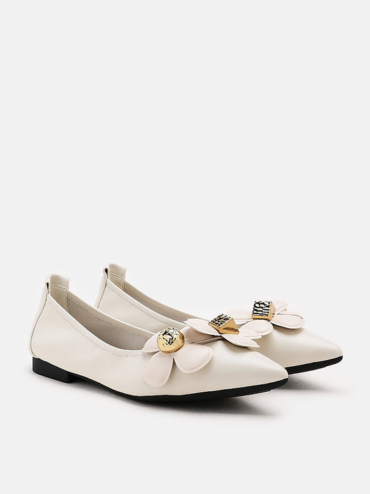 PAZZION, Poppy Floral Point-Toe Ballet Flats, Beige