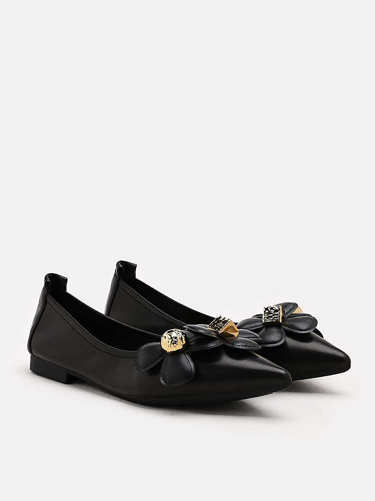 PAZZION, Poppy Floral Point-Toe Ballet Flats, Black