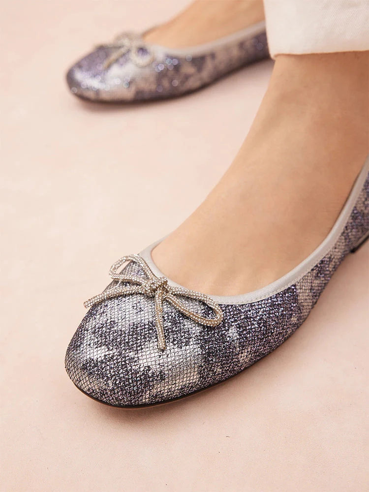 PAZZION, Queenie Bow Glitter Ballerinas, Pewter