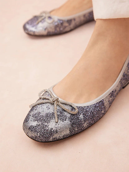 PAZZION, Queenie Bow Glitter Ballerinas, Pewter