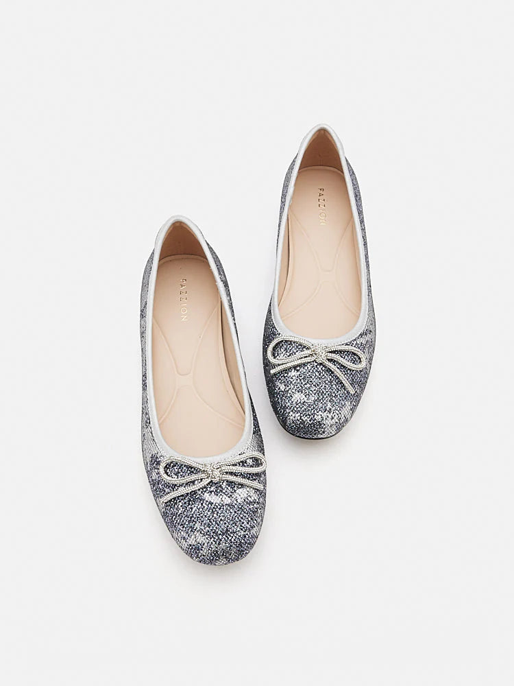 PAZZION, Queenie Bow Glitter Ballerinas, Pewter