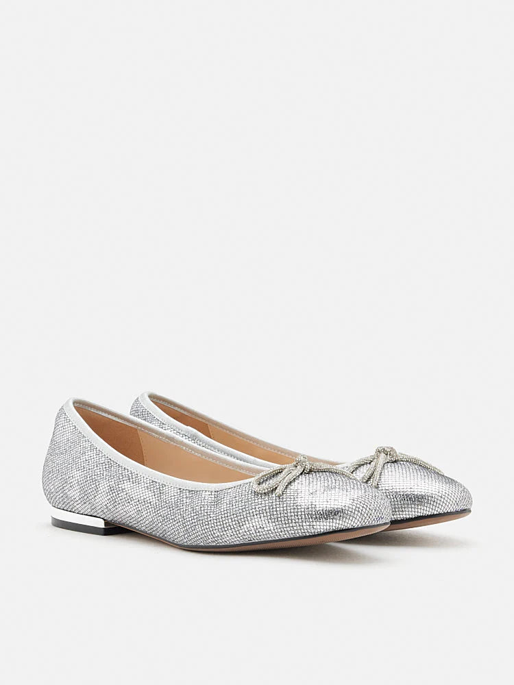 PAZZION, Queenie Bow Glitter Ballerinas, Silver