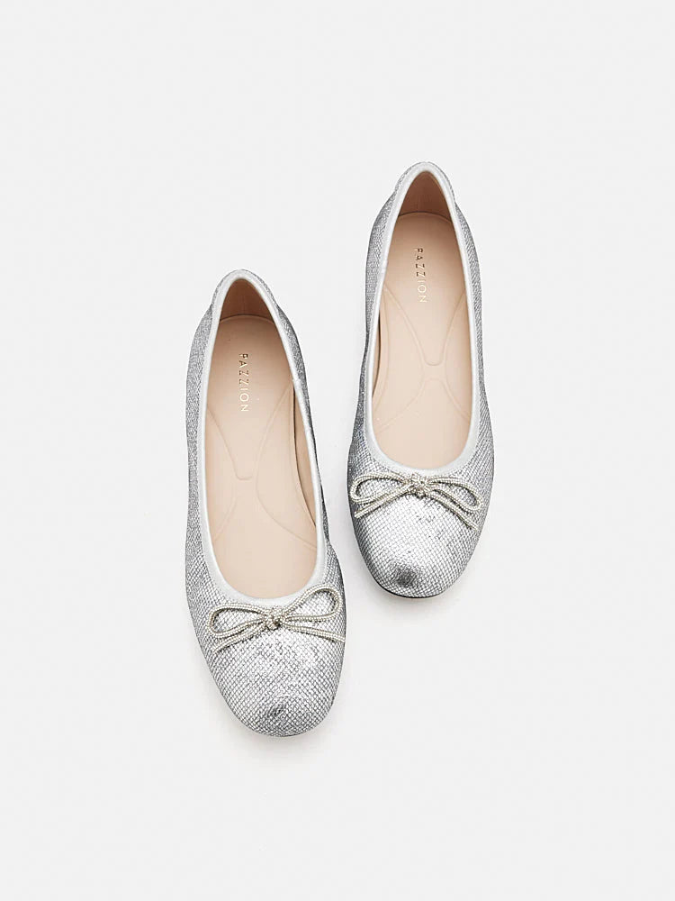 PAZZION, Queenie Bow Glitter Ballerinas, Silver