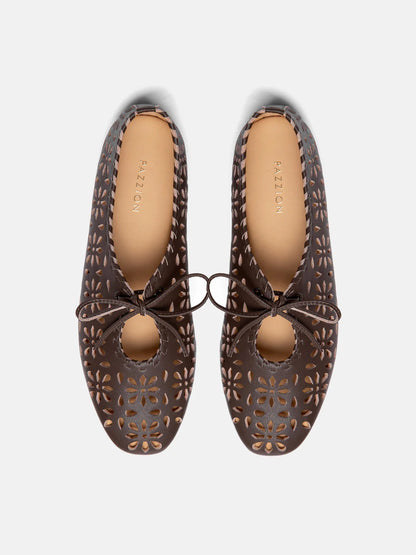PAZZION, Quenara Floral Cutout Leather Flats, Darkbrown
