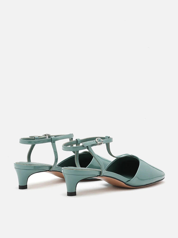 PAZZION, Quinn Patent Wide-Toe Slingback Heels, Blue