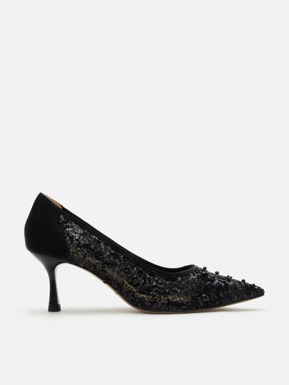 PAZZION, Raena Sequined Mesh Heels, Black