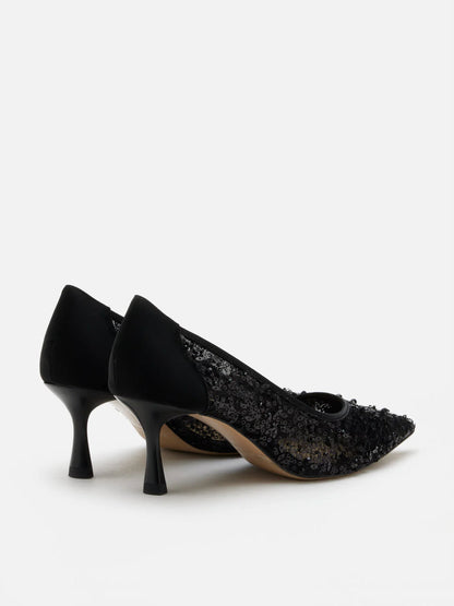 PAZZION, Raena Sequined Mesh Heels, Black