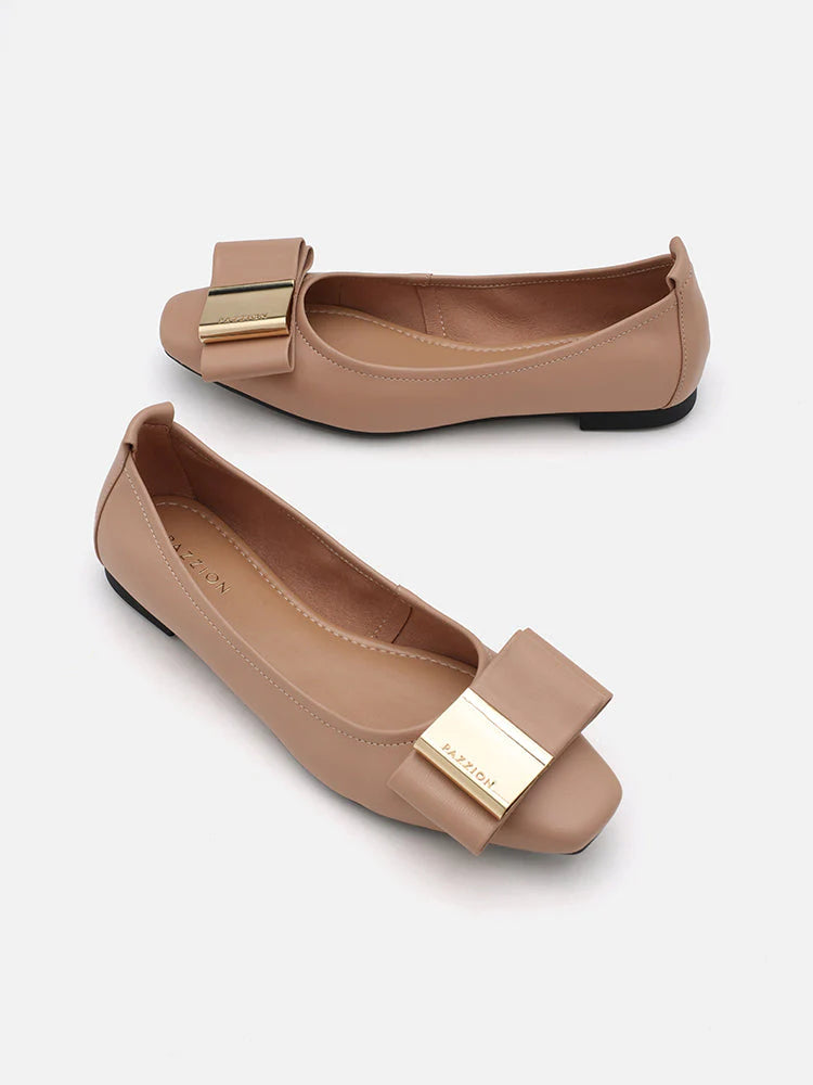 PAZZION, Ramona Gold Tone Bow Flats, Almond