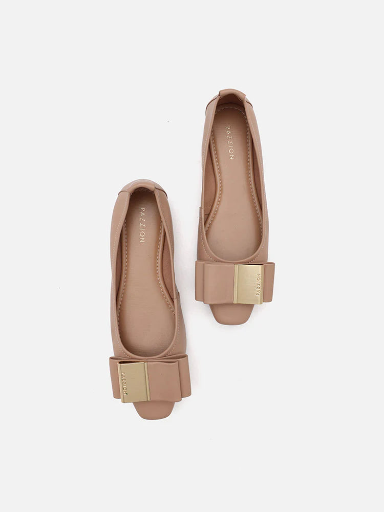 PAZZION, Ramona Gold Tone Bow Flats, Almond