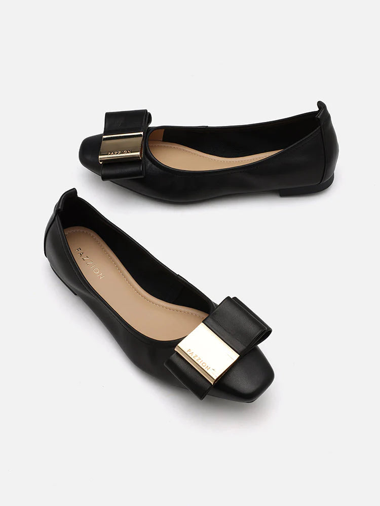 PAZZION, Ramona Gold Tone Bow Flats, Black