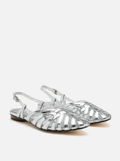 PAZZION, Rebekah Strappy Metallic Slingback Flats, Silver