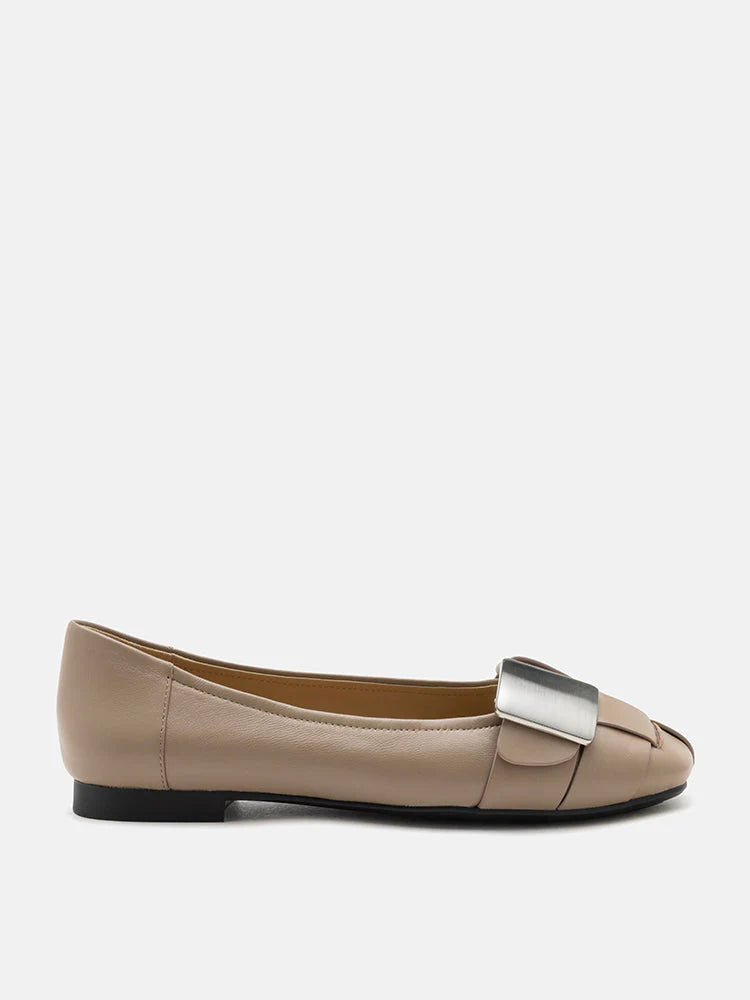 PAZZION, Reese Weaved Silver Buckled Flats, Khaki