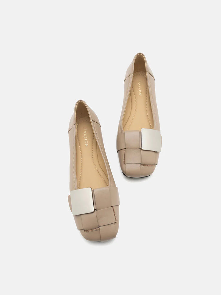 PAZZION, Reese Weaved Silver Buckled Flats, Khaki