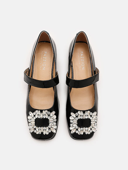 PAZZION, Rena Rhinestone Patent Flats Maryjanes, Black