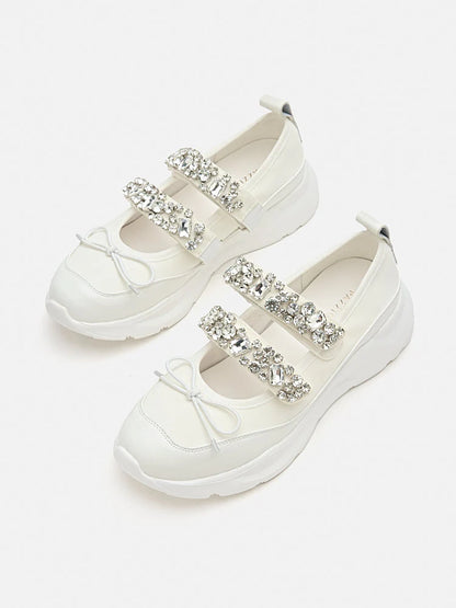 PAZZION, Renae Diamante Embellished Bow Sneakers, Beige