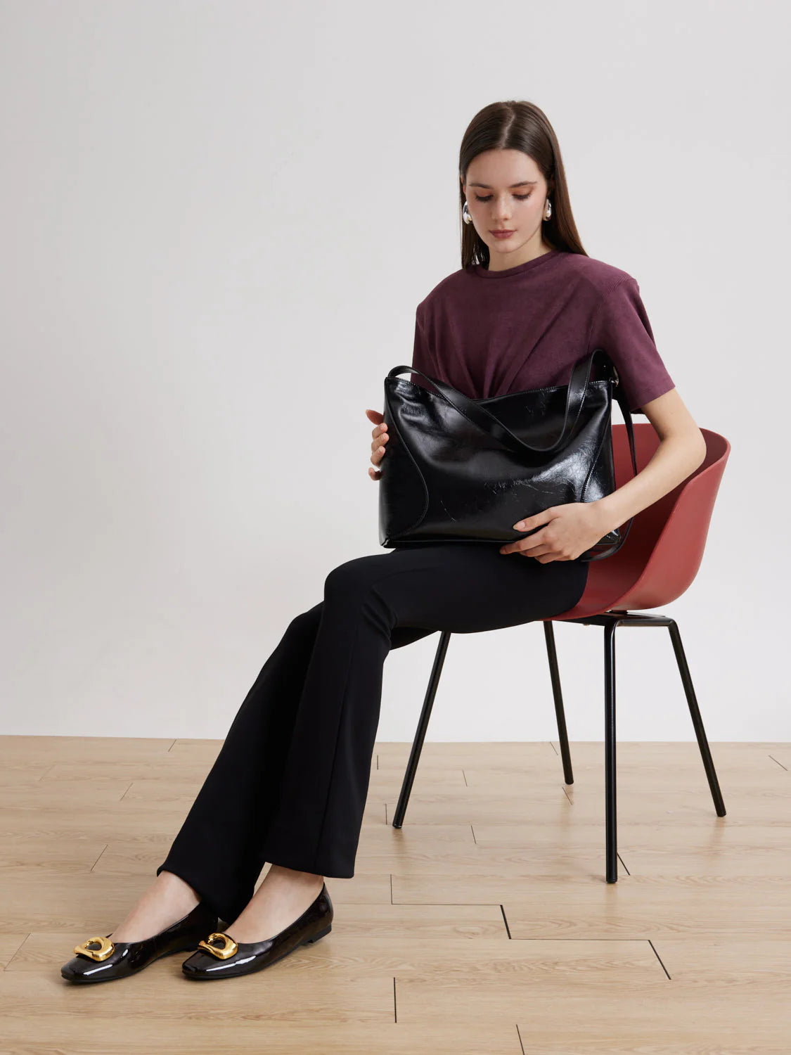 PAZZION, Rexine Textured Buckle Shoulder Bag, Black