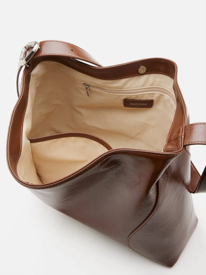 PAZZION, Rexine Textured Buckle Shoulder Bag, Brown