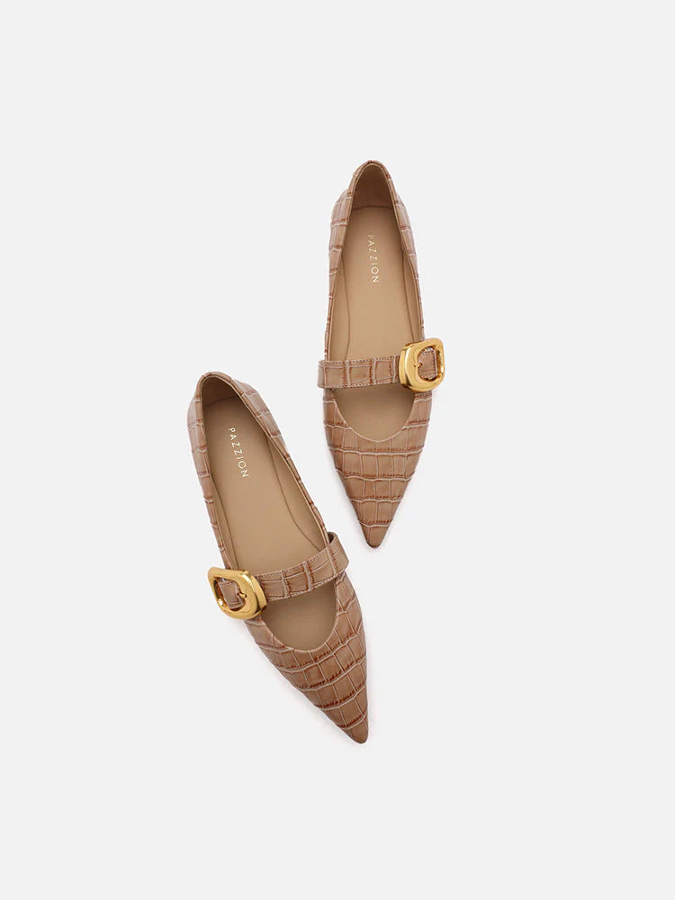 PAZZION, Riley Gold Buckled Embossed Leather Mary Janes, Almond