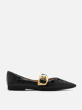 PAZZION, Riley Gold Buckled Embossed Leather Mary Janes, Black