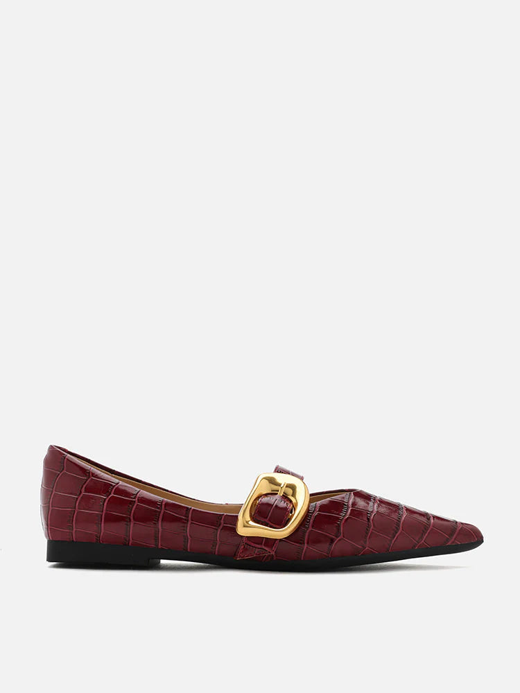 PAZZION, Riley Gold Buckled Embossed Leather Mary Janes, Wine