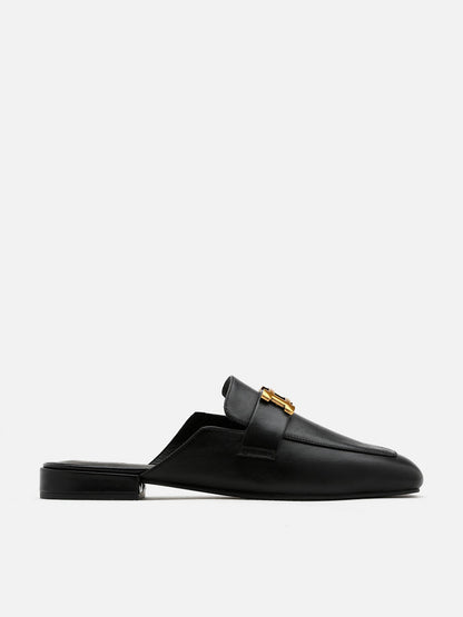 PAZZION, Romee Vintage Gold Buckle Slip On Mules, Black