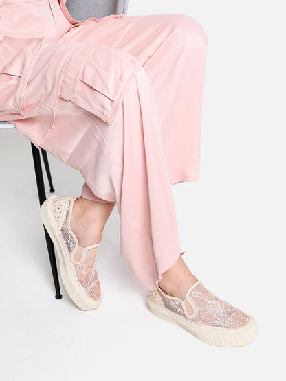 PAZZION, Rora Floral Embroidered Lace Slip-On Sneakers, Pink