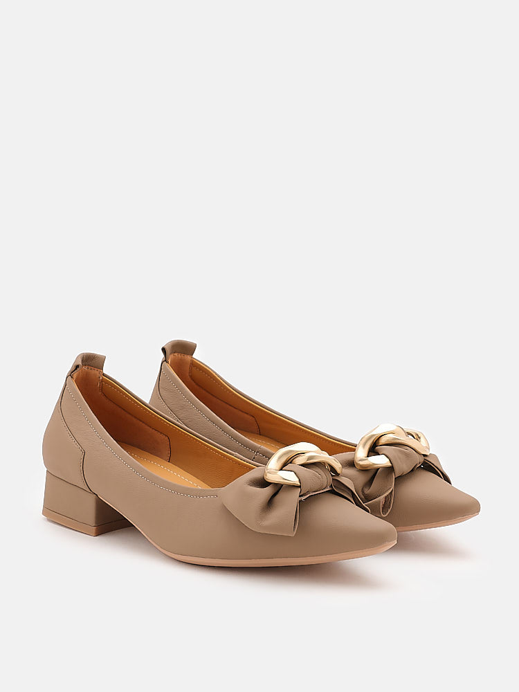PAZZION, Rue Pointed Bow Wrapped Gold Link Heel, Khaki